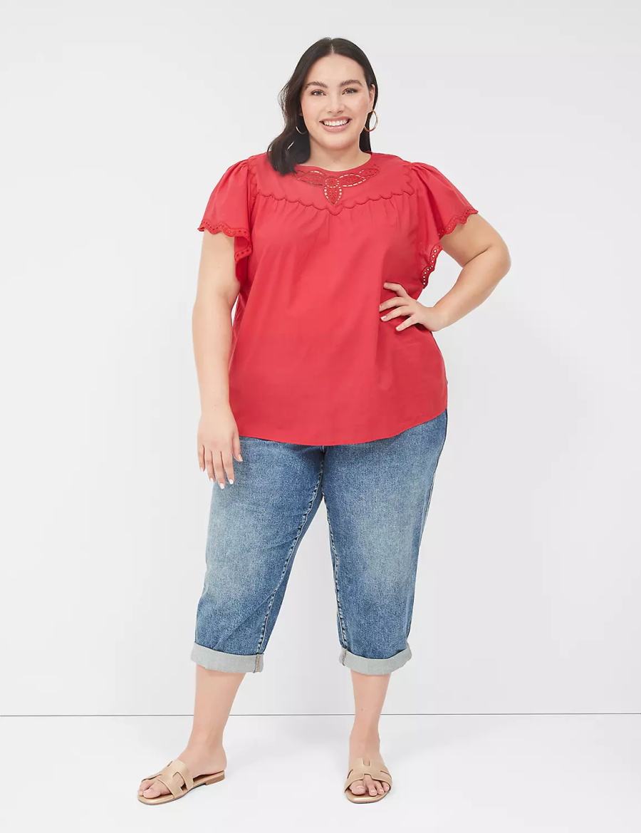 Lane Bryant Swing Eyelet-Trim Popover Women Blouse Red | UFB2361NA