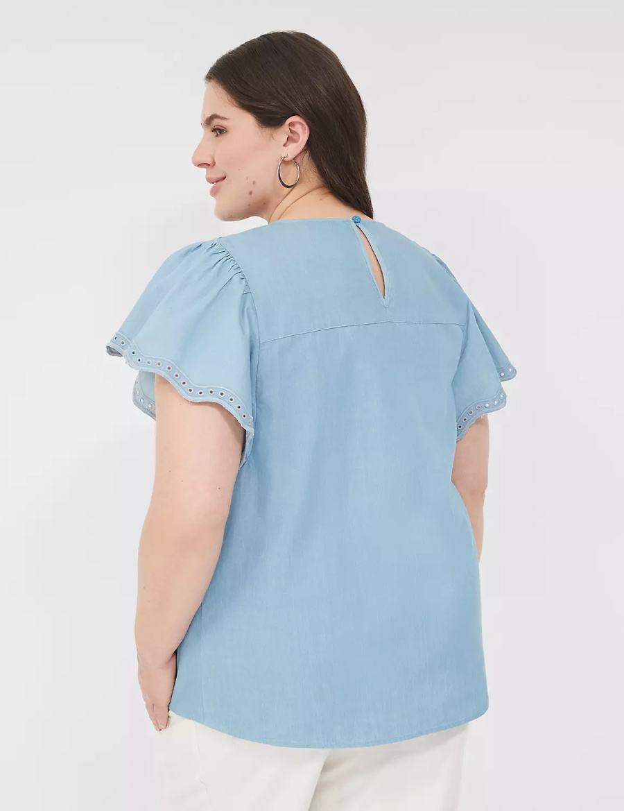 Lane Bryant Swing Eyelet-Trim Popover Women Blouse Blue | TEG7610EI