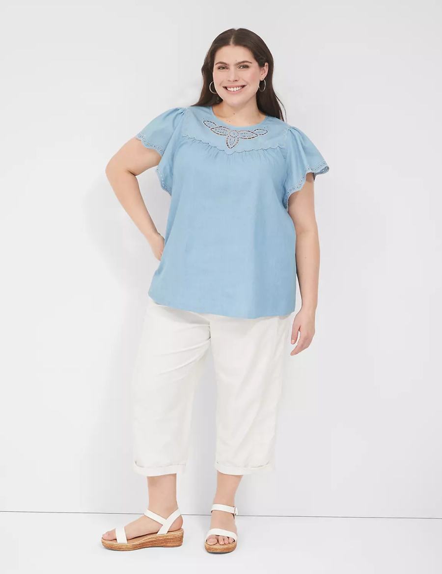 Lane Bryant Swing Eyelet-Trim Popover Women Blouse Blue | TEG7610EI