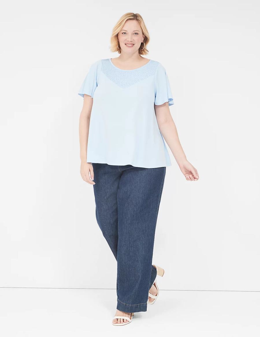 Lane Bryant Swing Flutter-Sleeve Smocked-Yoke Top Women T Shirts Blue | RFY54100MA