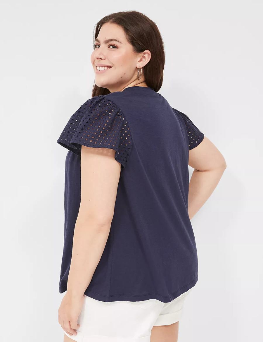 Lane Bryant Swing Flutter Sleeve Eyelet & Knit Tee Women T Shirts Blue | MGO8648YA