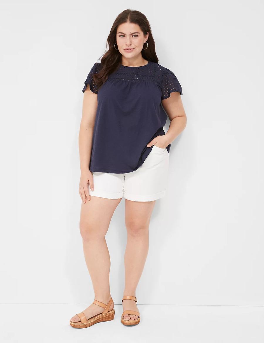 Lane Bryant Swing Flutter Sleeve Eyelet & Knit Tee Women T Shirts Blue | MGO8648YA