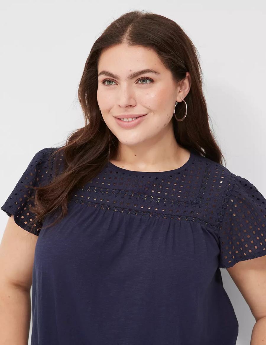 Lane Bryant Swing Flutter Sleeve Eyelet & Knit Tee Women T Shirts Blue | MGO8648YA