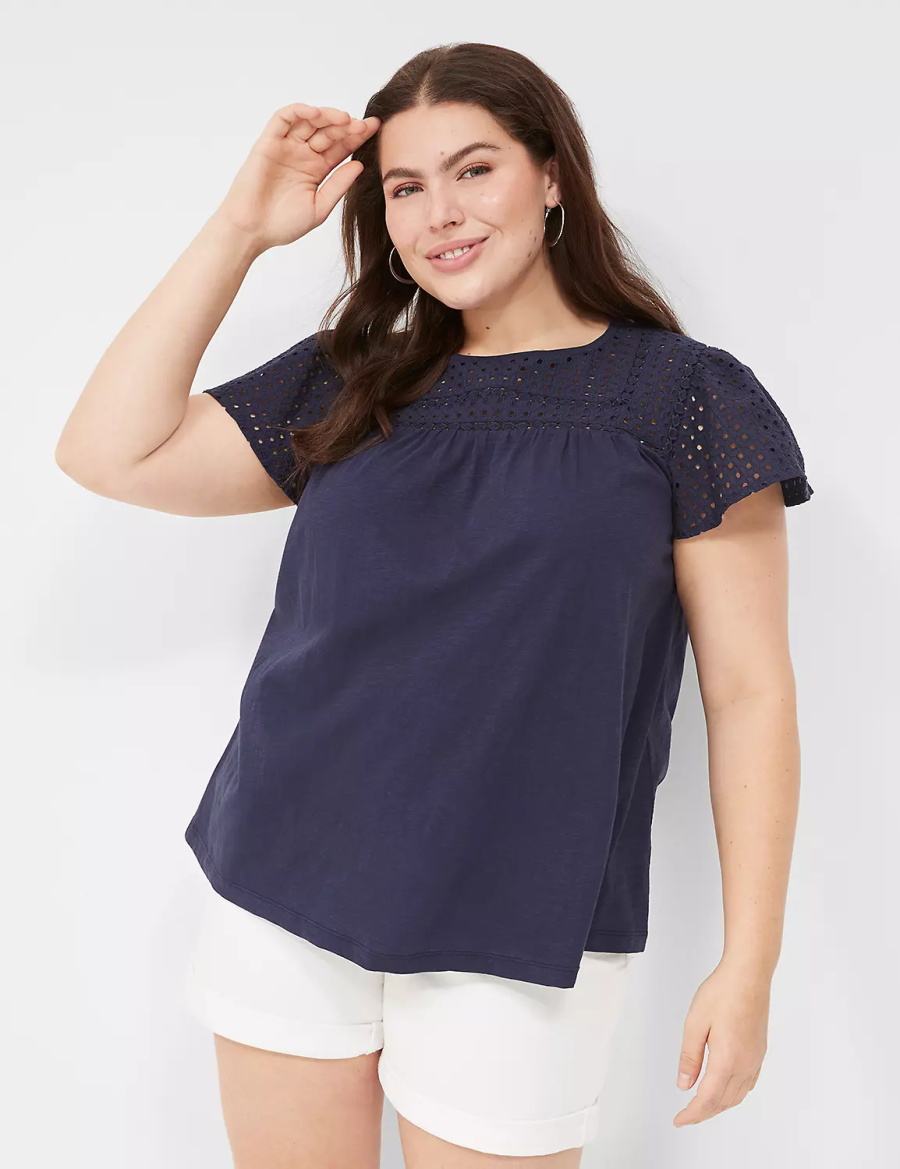 Lane Bryant Swing Flutter Sleeve Eyelet & Knit Tee Women T Shirts Blue | MGO8648YA