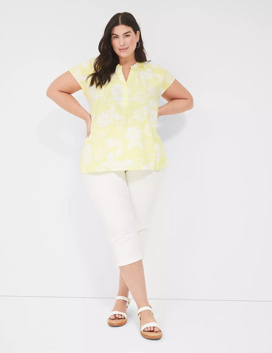 Lane Bryant Swing Notch-Neck Woven & Knit Top Women Blouse White Yellow | THN116MF