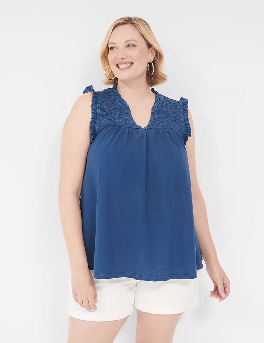 Lane Bryant Swing Ruffle Notch-Neck Women Tank Top Blue | SDJ1047BC