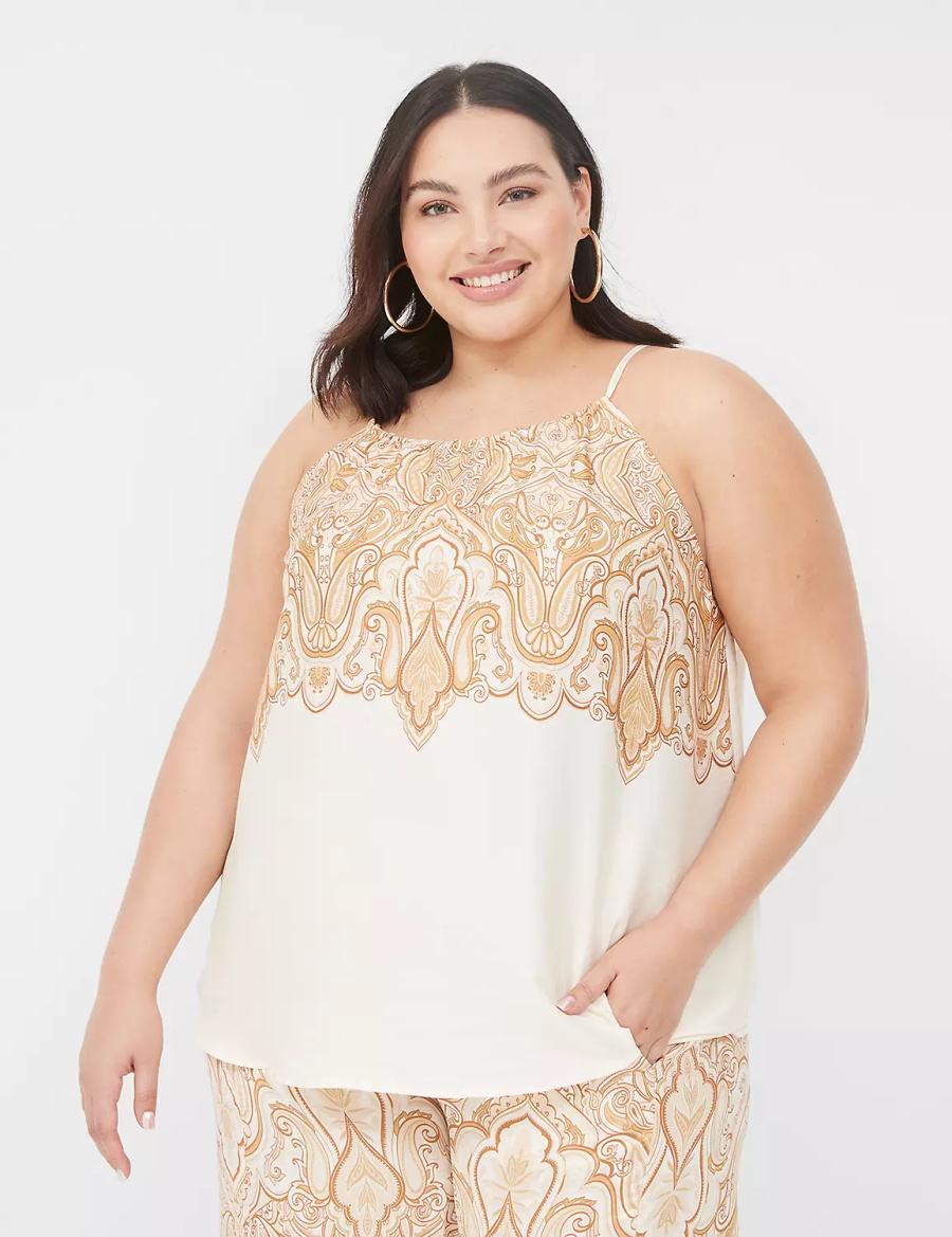 Lane Bryant Swing Satin Top Women Tank Top White Brown | RPA1236MI