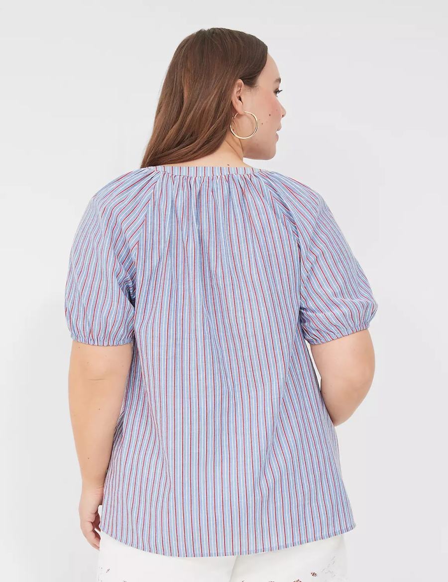 Lane Bryant Swing Short-Sleeve Notch-Neck Women Blouse Blue Stripes | IUB5168PV