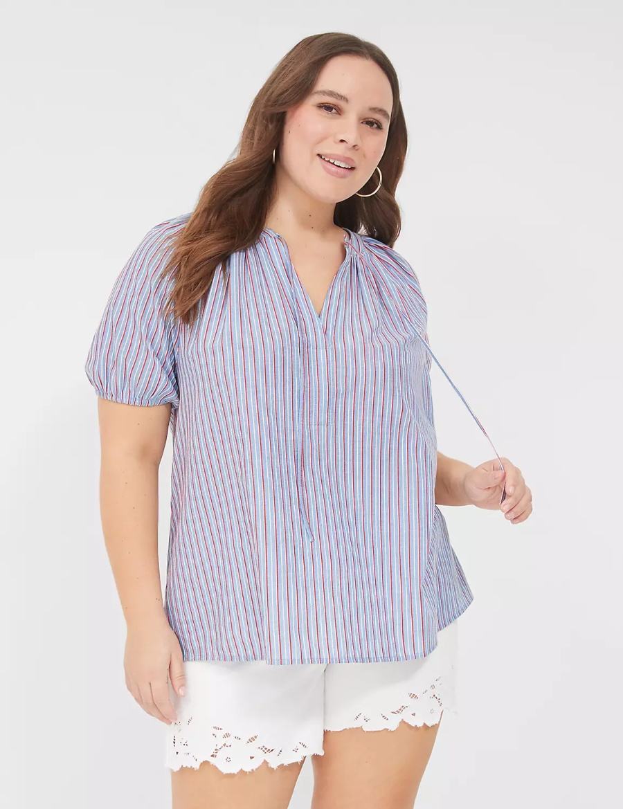 Lane Bryant Swing Short-Sleeve Notch-Neck Women Blouse Blue Stripes | IUB5168PV