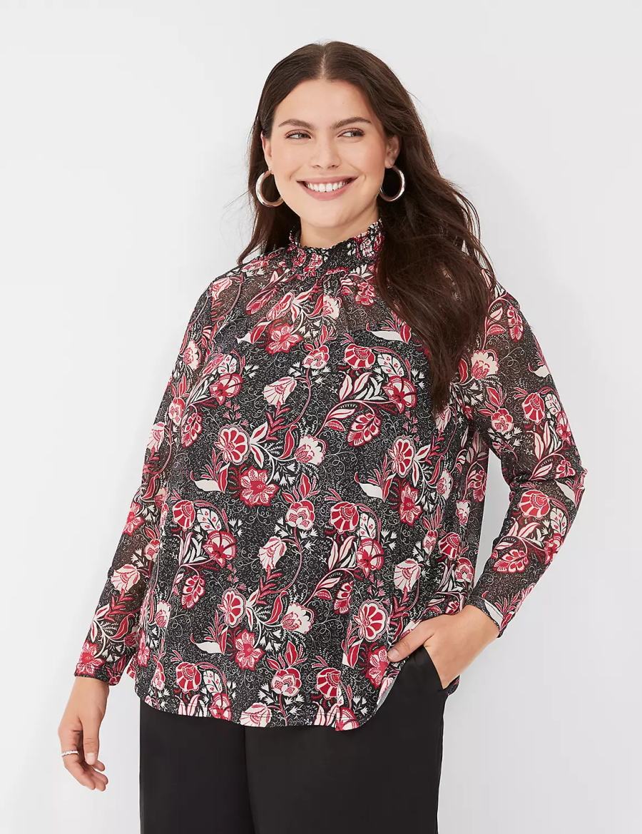 Lane Bryant Swing Smocked-Neck Top With Attached Cami Women Blouse Red White Black | ZKD3579AQ