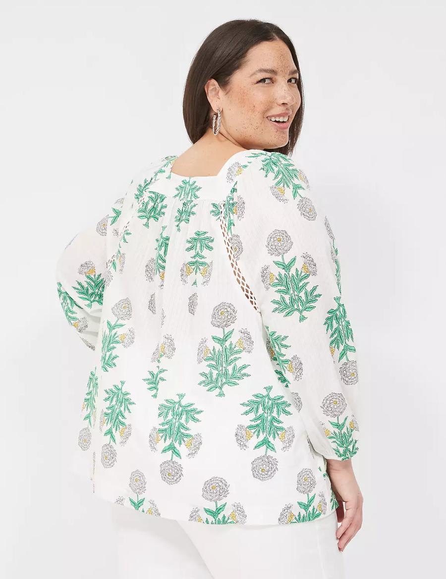 Lane Bryant Swing Square-Neck Peasant Women Blouse White Green | LNJ8949RT