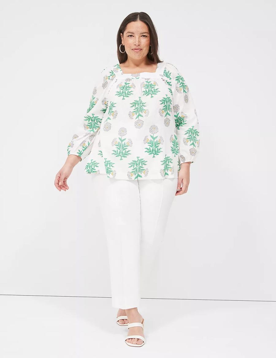 Lane Bryant Swing Square-Neck Peasant Women Blouse White Green | LNJ8949RT