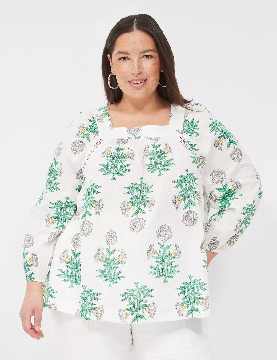 Lane Bryant Swing Square-Neck Peasant Women Blouse White Green | LNJ8949RT