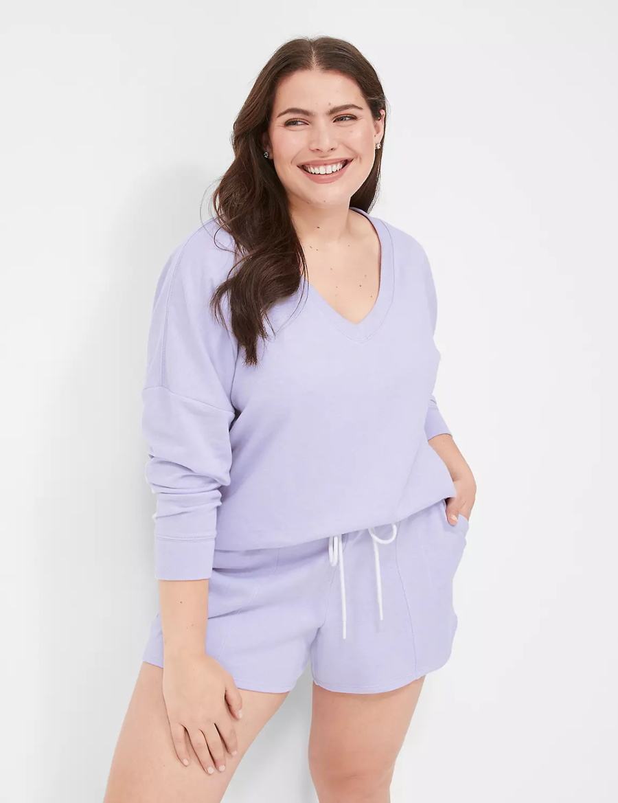 Lane Bryant Terry Fleece V-Neck Top Women T Shirts Purple | QMU2066WJ