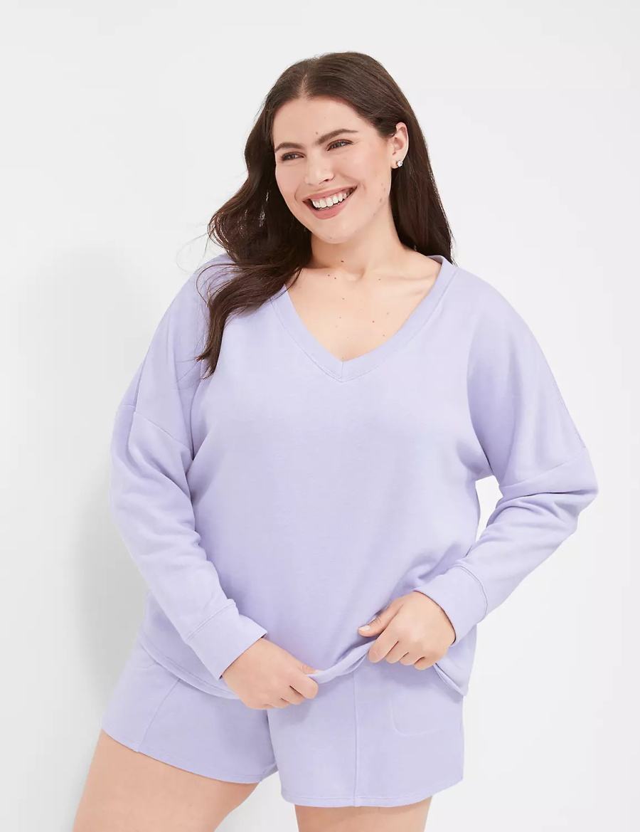 Lane Bryant Terry Fleece V-Neck Top Women T Shirts Purple | QMU2066WJ