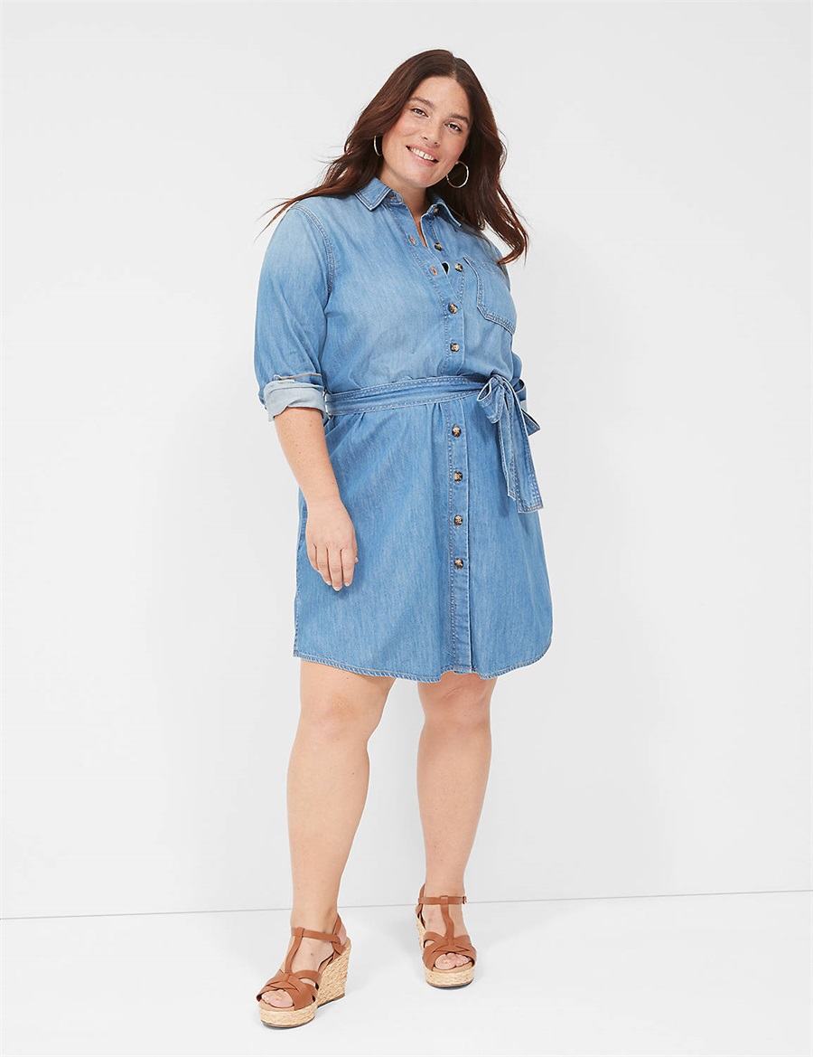 Lane Bryant Tie-Waist Denim Women Shirt Dress Blue | PSZ799IF