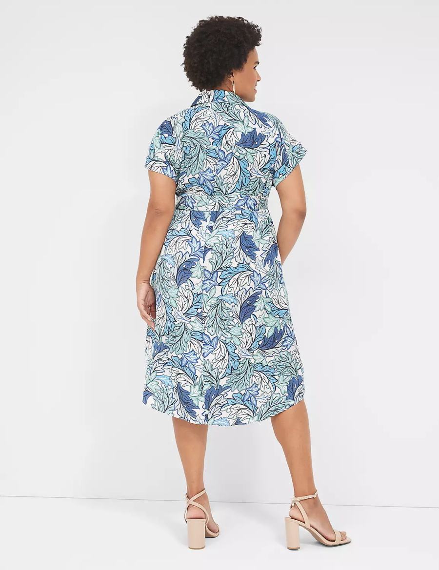 Lane Bryant Tie-Waist Midi Women Shirt Dress Blue Multicolor | FDC6870TK