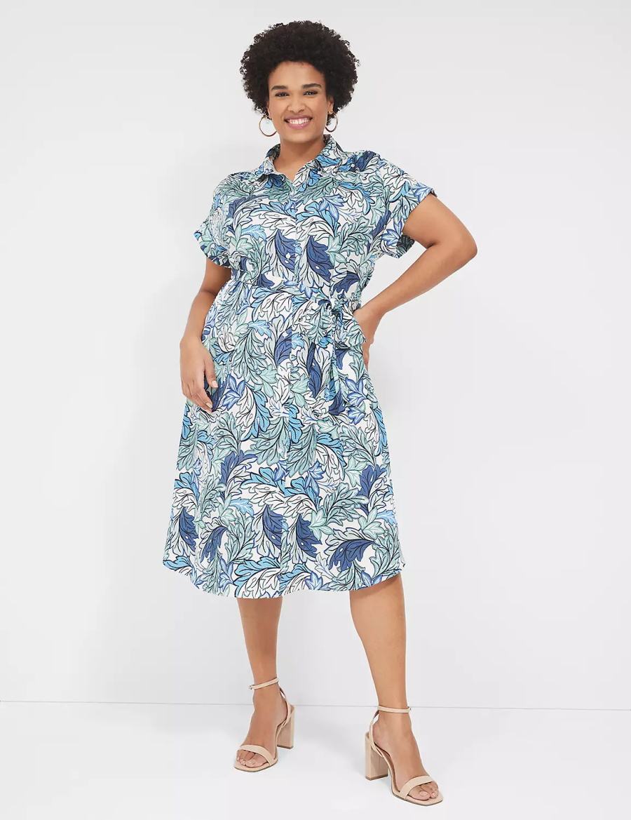 Lane Bryant Tie-Waist Midi Women Shirt Dress Blue Multicolor | FDC6870TK