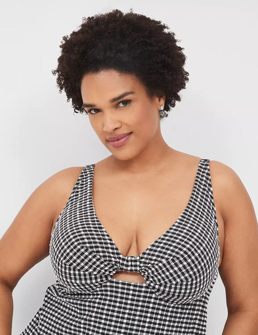 Lane Bryant Underwire Knot-Front Tankini Women Bikini Top Black White | PIW5659IJ