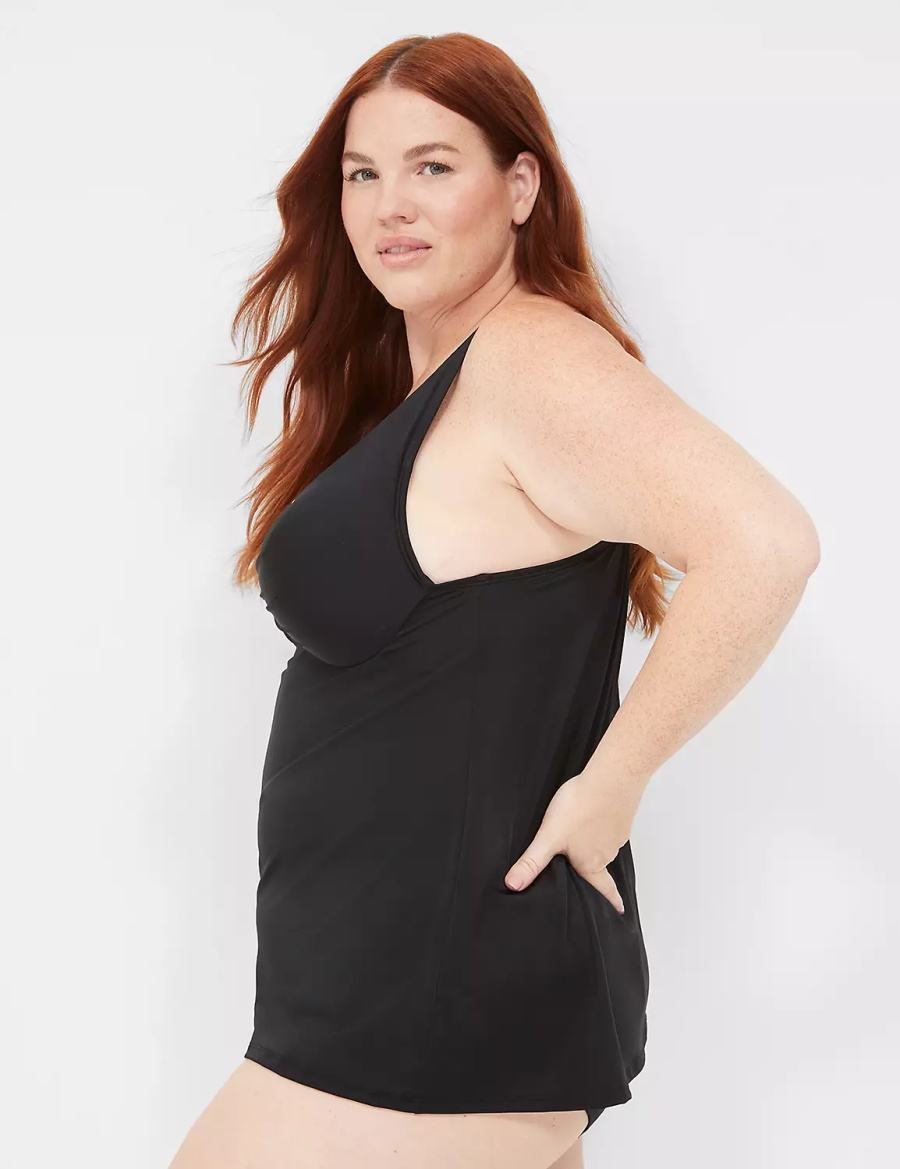 Lane Bryant Underwire O-Ring Tankini Women Bikini Top Black | SWW4258BP