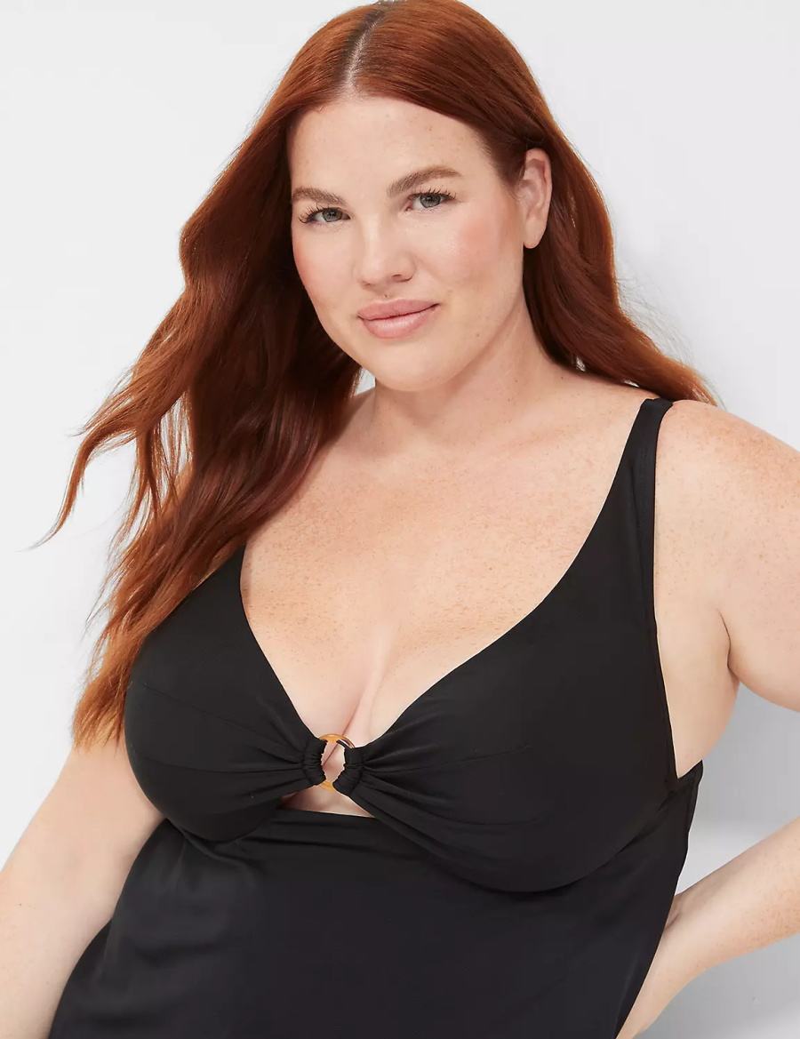 Lane Bryant Underwire O-Ring Tankini Women Bikini Top Black | SWW4258BP