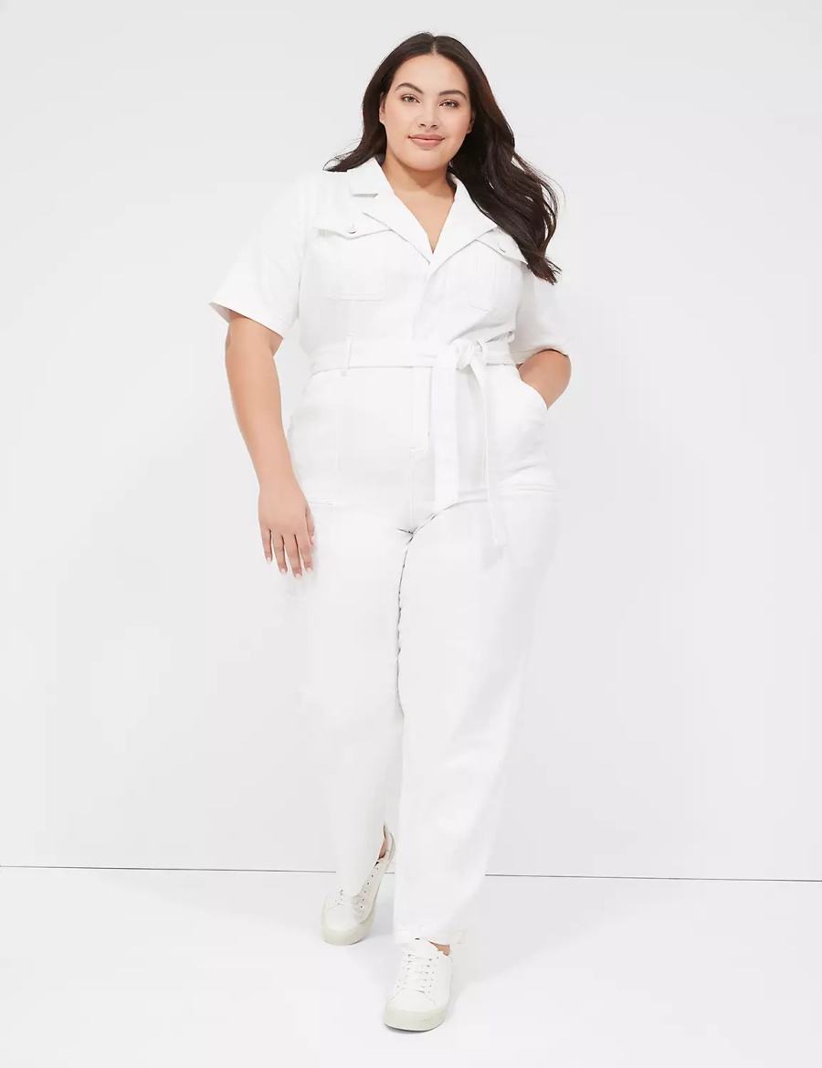 Lane Bryant Utility Straight Leg Denim Women Jumpsuit White | AJZ5259MH