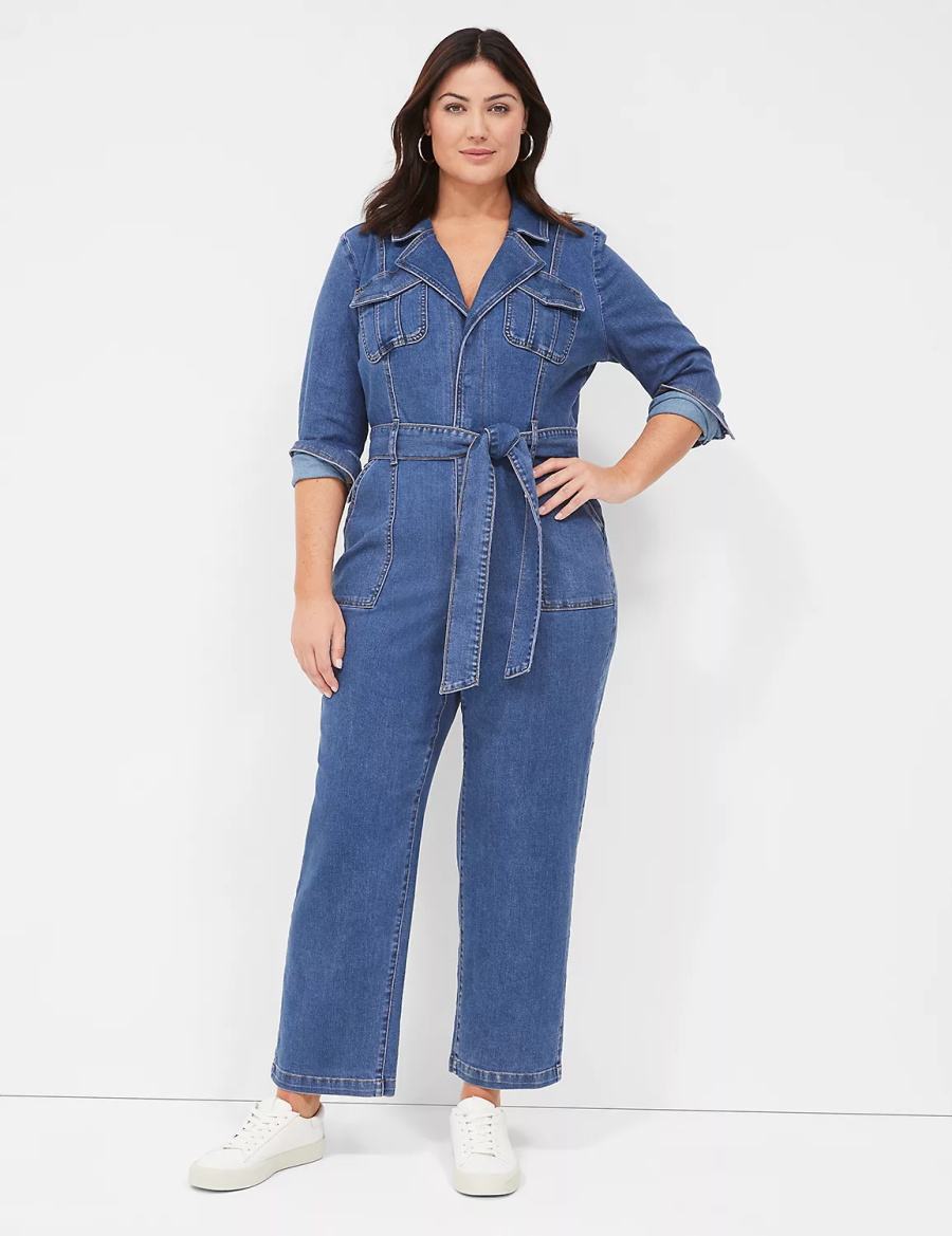 Lane Bryant Utility Straight Leg Denim Women Jumpsuit Blue | FWG712TP