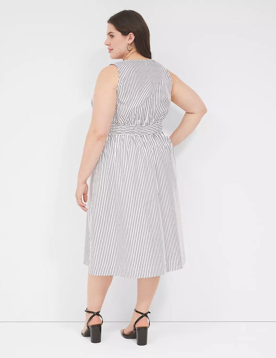 Lane Bryant V-Neck Elastic-Waist Women Midi Dress White Black Stripes | DCS6696BF