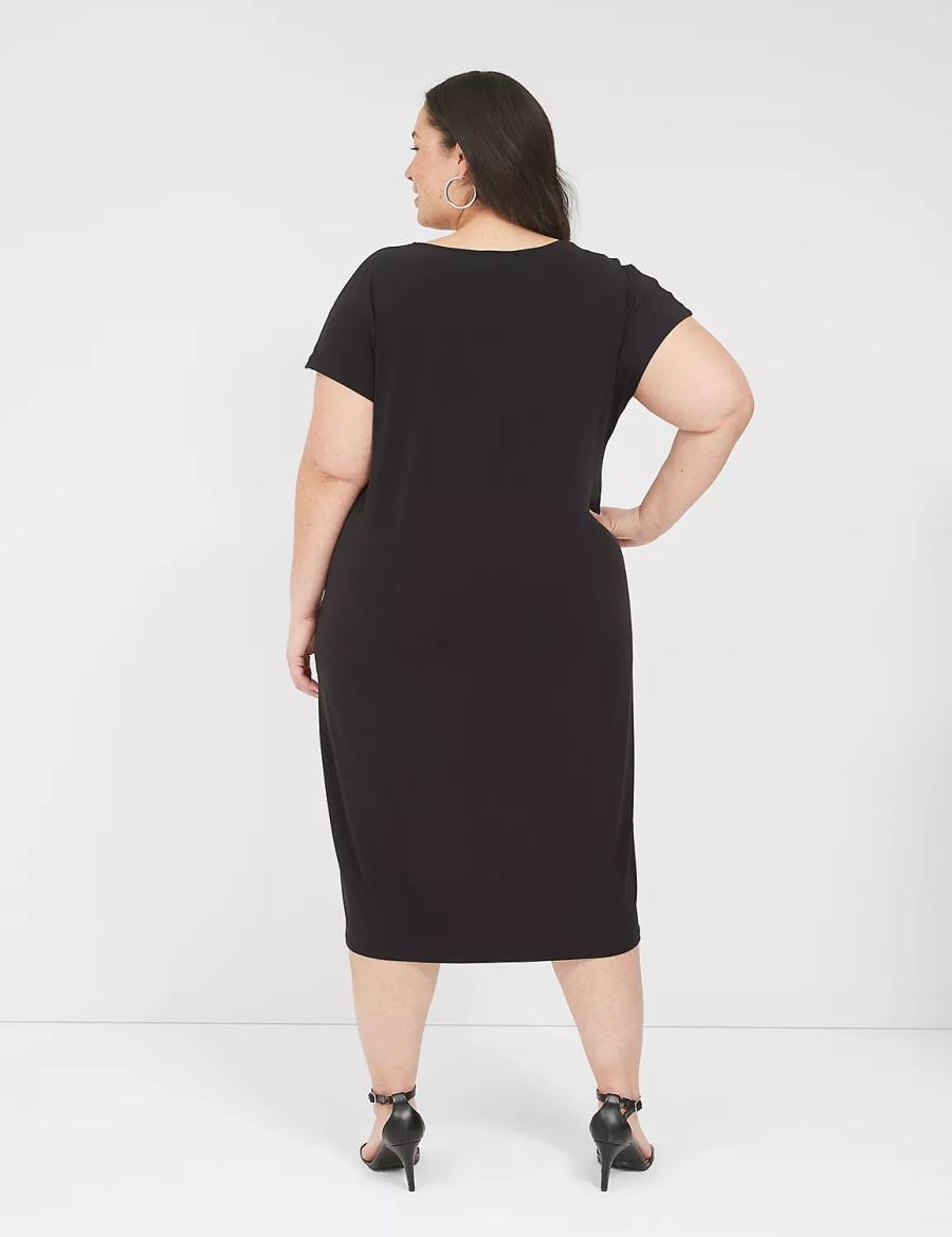 Lane Bryant V-Neck Pleat-Front Jersey Women Casual Dress Black | OJC1562LY