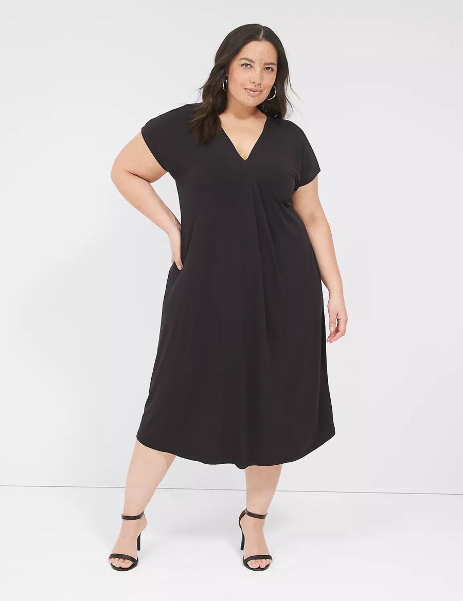 Lane Bryant V-Neck Pleat-Front Jersey Women Casual Dress Black | OJC1562LY