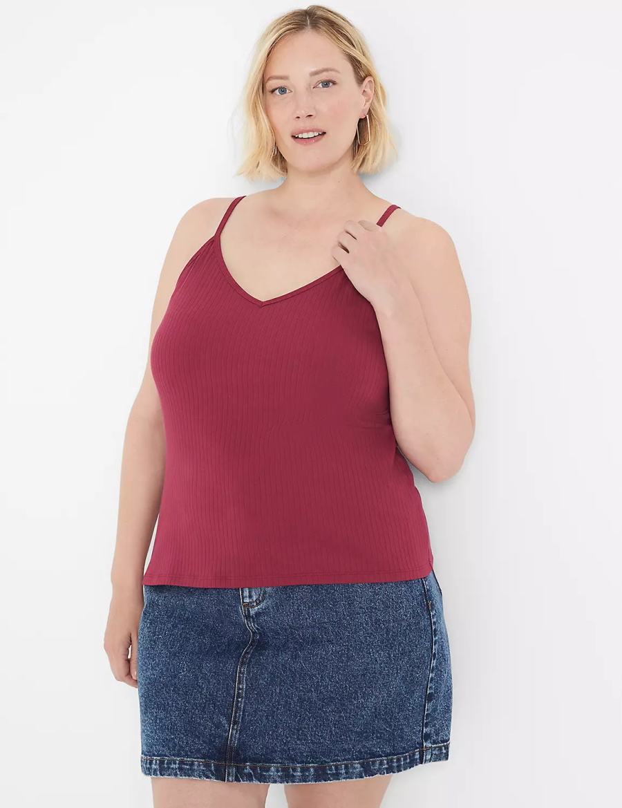 Lane Bryant V-Neck Rib Cami Women Tank Top Burgundy | SLI2433IM