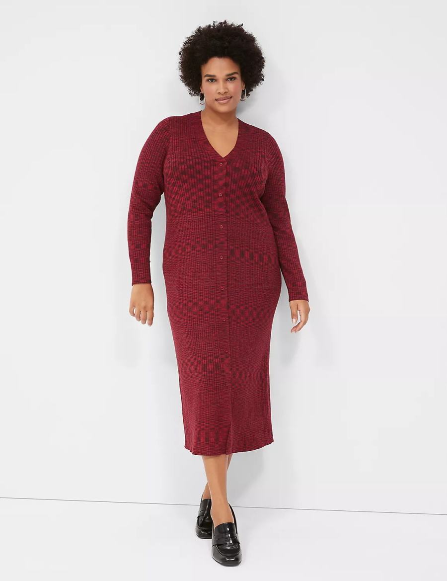 Lane Bryant V-Neck Rib Sweater Women Midi Dress Dark Red | KJM4530ZN