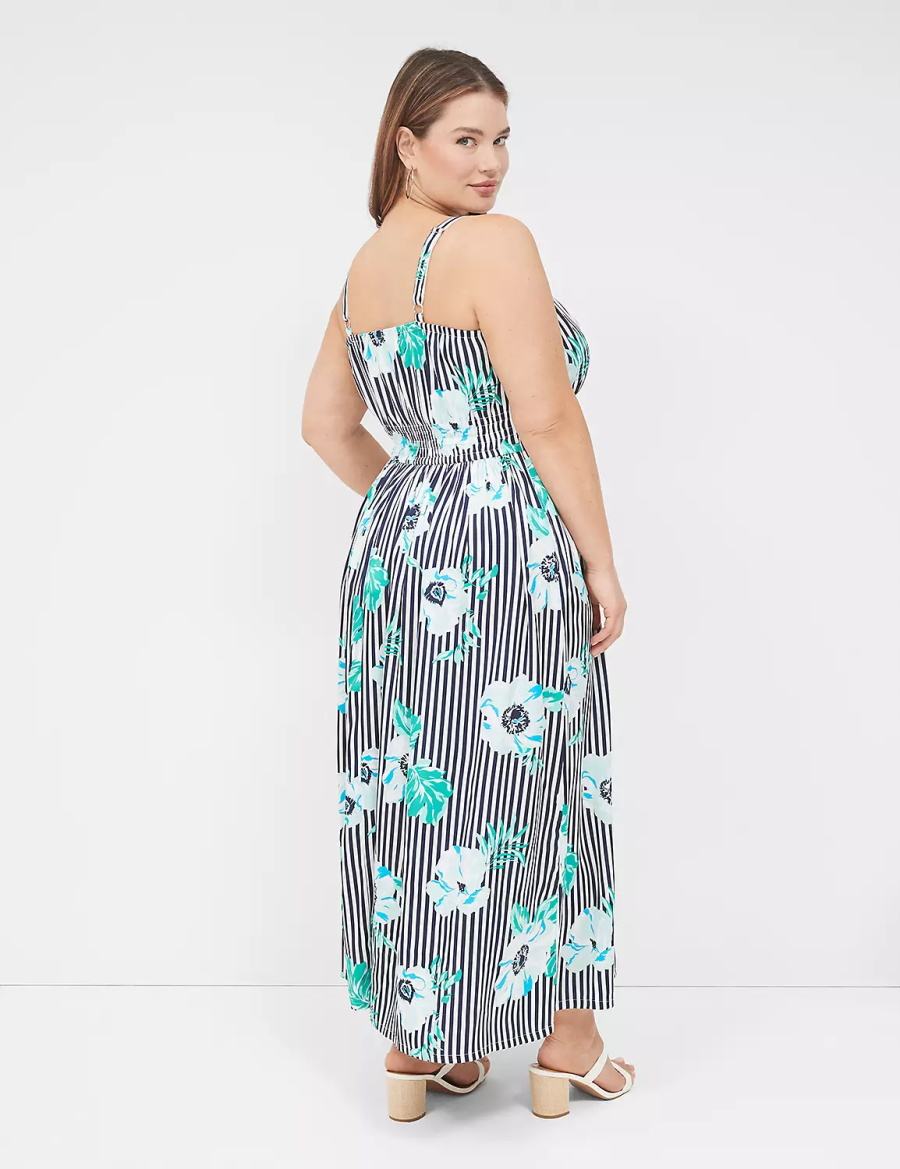 Lane Bryant V-Neck Ruched-Waist Women Maxi Dress Navy Stripes | EJA7468AR