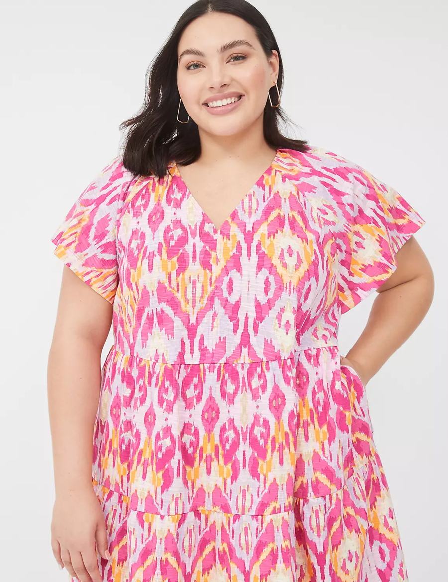 Lane Bryant V-Neck Tiered Easy Women Short Dress Pink | UPQ7834OE