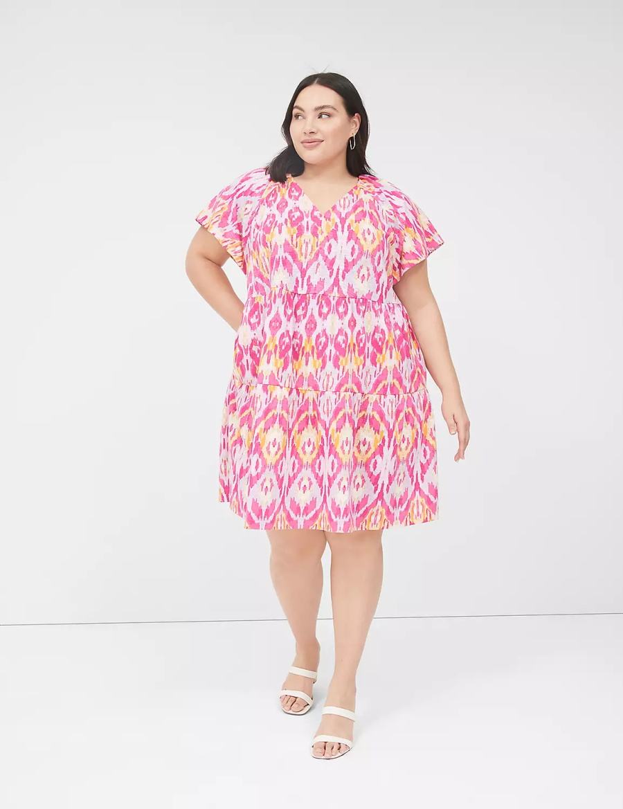 Lane Bryant V-Neck Tiered Easy Women Short Dress Pink | UPQ7834OE