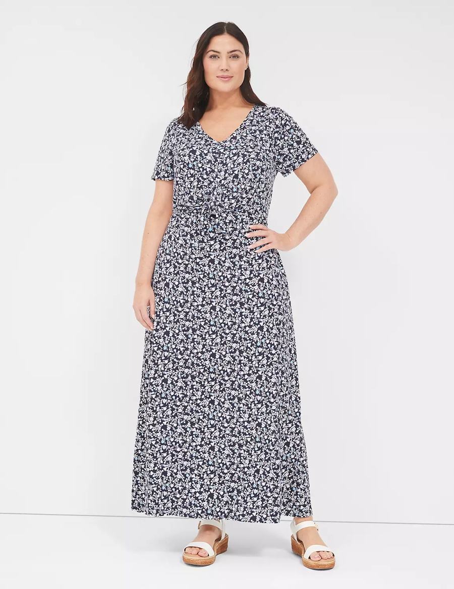 Lane Bryant V-Neck Waist-Knot Jersey Women Maxi Dress Blue Purple | GFN984WS