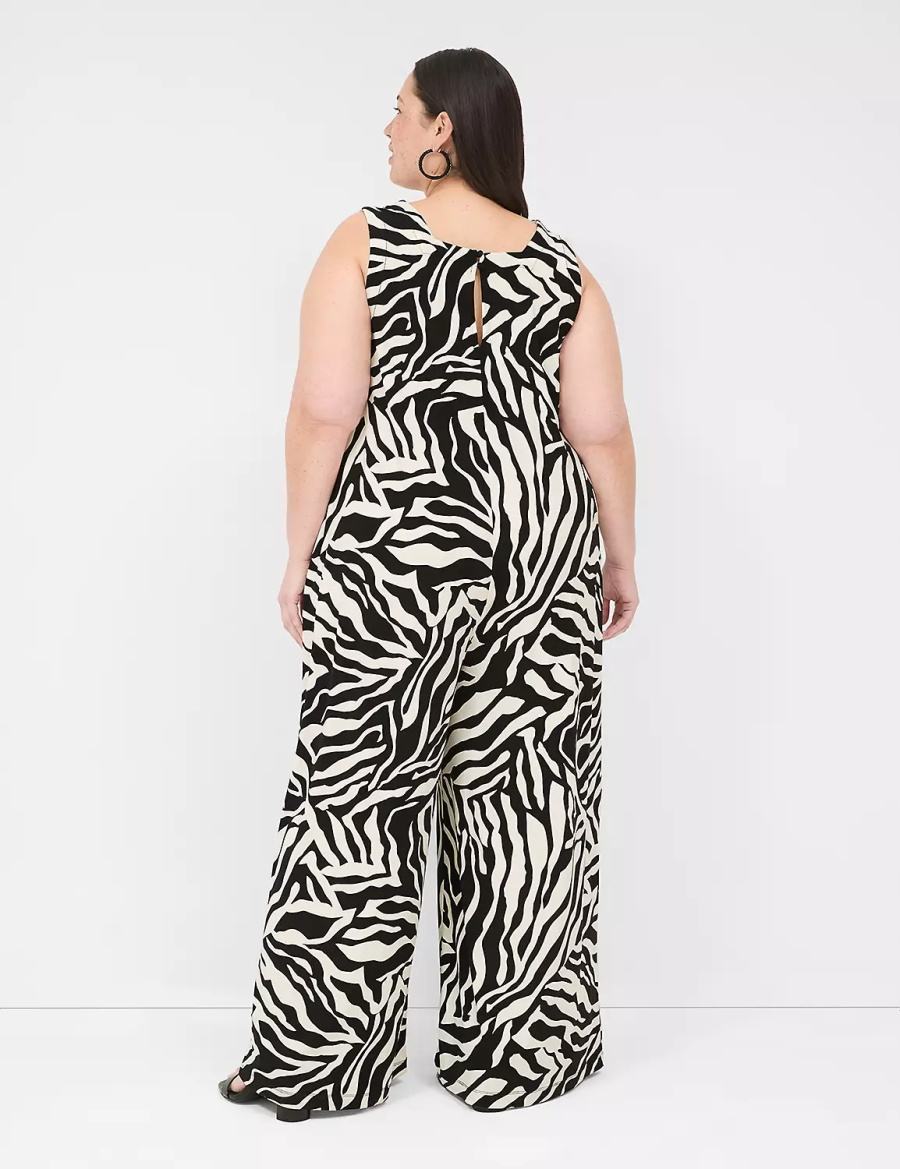 Lane Bryant V-Neck Wide Leg Jersey Women Jumpsuit White Black | MLE836XP