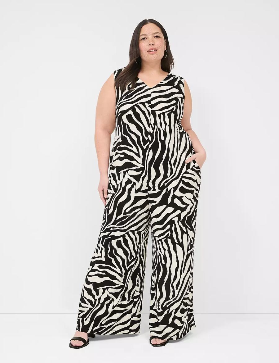 Lane Bryant V-Neck Wide Leg Jersey Women Jumpsuit White Black | MLE836XP