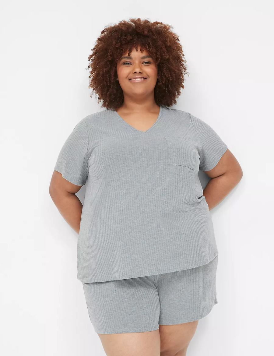 Lane Bryant Wide Rib Pocket V-Neck Tee Women T Shirts Grey | FTG148KW