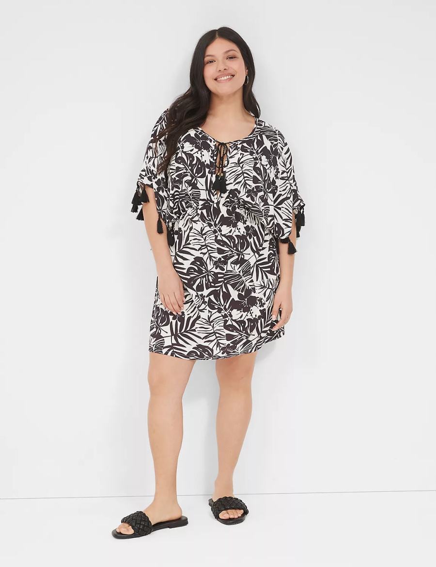 Lane Bryant Woven Tassel-Trim Women Cover Ups Black White | DKT7610RK