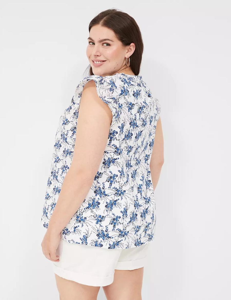 Lane Bryant Woven & Knit Cap Flutter-Sleeve Top Women Blouse Blue White | FEY8365SC